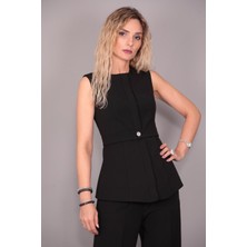 Sıfır Yaka Kemerli Yelek-Siyah