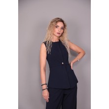 Sıfır Yaka Kemerli Yelek-Lacivert