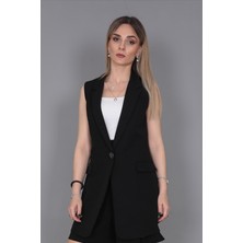 Erkek Yaka Tek Düğmeli Uzun Yelek-Siyah