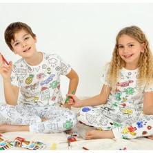 Kısa Kollu + Özel Kalem Boyanabilir Kız Erkek Çocuk Pijama Takım