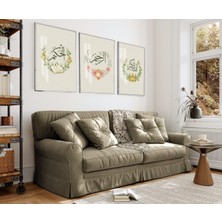 Harikabirev krem-Yeşil Çiçekli Allah'ın Sıfatları Kombini |çerçeveli Cam Tablo  3lü Dikey