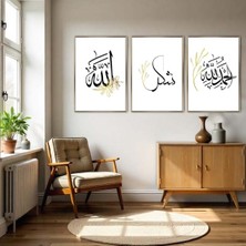 Harikabirev siyah-Gold Yapraklı Allah-Şükür-Muhammed Islami Kombin|çerçeveli Cam Tablo 3lü Dikey