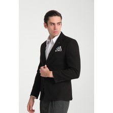 Grande Erkek Siyah Kaşe Kumaşlı Mono Yakaslim Fit Blazer Ceket