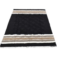 Kilim Antik El Dokuma Yün Çizgili Dikişsiz Çift Kişilik Tiftik Siirt Battaniyesi 0030 - Yeni - Siyah