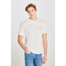 %100 Pamuk Regular Fit Normal Kesim Bisiklet Yaka Baskılı Ekru Tişört