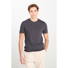 %100 Pamuk Relaxed Fit Geniş Ksim Bisiklet Yaka Antrasit Basic Tişört