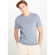 %100 Pamuk Relaxed Fit Geniş Kesim Bisiklet Yaka Mavi Basic Tişört