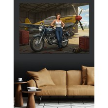 Motosikletli Kadın ve Uçak Dekoratif Kanvas - Mdf Ahşap Tablo