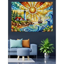 Deniz Feneri ve Güneş Dekoratif Kanvas - Mdf Ahşap Tablo