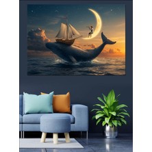 Ay Işığında Yelkenli Gemi ve Balina Dekoratif Kanvas - Mdf Ahşap Tablo
