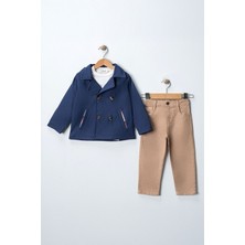 Miniğimin Cicileri Düğmeli Renkli Astarlı Trençkotlu Unisex 3 lü takım - Lacivert