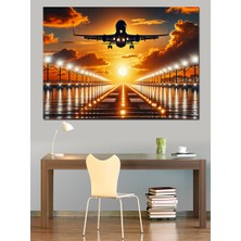 Gün Batımında Havalimanında Uçak Dekoratif Kanvas - Mdf Ahşap Tablo