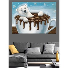 Kahve Kupasındaki Kutup Ayısı Dekoratif Kanvas - Mdf Ahşap Tablo