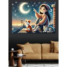 Ayışığı ve Kedili Kız Dekoratif Kanvas - Mdf Ahşap Tablo