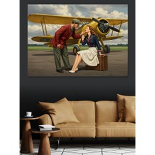 Vintage Uçak ve Romantik Buluşma Dekoratif Kanvas - Mdf Ahşap Tablo