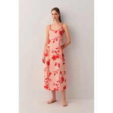 Suwen Sansa Kadın Plaj Elbisesi Kırmızı Çiçek Deseniyle Şık Viskon 100% Yaz Modası