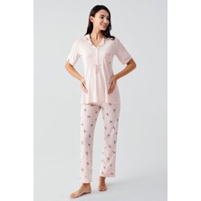 Fiyonk Desenli Düğmeli Kısa Kollu  Esnek Viskoz Hamile Pijama Takım 17207