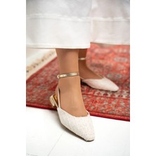 Owen Beyaz Tüvit Alçak Topuklu Bilekten Bağlamalı Kadın Babet