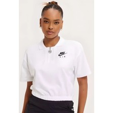 Nike Air Pique Polo Crop Tee Loose Fit Bol Kesim Polyester Kısa Tişört Beyaz