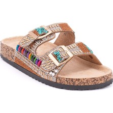 Guja 25Y102-2 Kadın Mantar Taban Taşlı Çift Tokalı Comfort Terlik Camel
