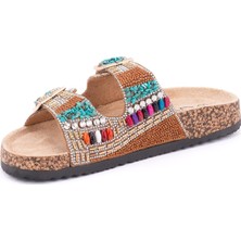 Guja 25Y102-2 Kadın Mantar Taban Taşlı Çift Tokalı Comfort Terlik Camel