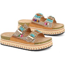 Guja 25Y103 Kadın Mantar Platform Taban Taşlı Çift Toklaı Comfort Terlik Camel