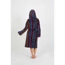 Homelover %100 Pamuk Dikey Renkli Çizgili Kapüşonlu Beyaz Kadın Bornoz - Yüksek Emilim Ultra Lüks Bornoz
