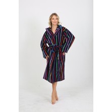 Homelover %100 Pamuk Dikey Renkli Çizgili Kapüşonlu Beyaz Kadın Bornoz - Yüksek Emilim Ultra Lüks Bornoz