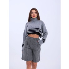 Miray Life 43241 Triko Çizgili Balıkçı Cropgrisiyah