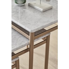 Fursimo Damrin Serisi Gri Mermer Mebran Mdf 3’lü Zigon Sehpa Takımı - Bronz Ayak