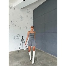 Defy Moda Askılı Çizgili Polyviskon Kısa Elbise Kalın Pileli - Gri
