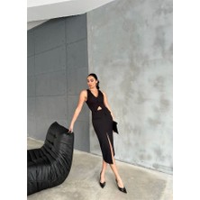 Defy Moda Yelek Görünümlü Önden Yırtmaçlı Atlas Elbise - Siyah