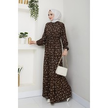 Yaprak Desenli Bağlamalı Viskon Elbise - Kahverengi / E0125