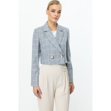 Ekol Ekoseli Crop Ceket Indıgo 04030