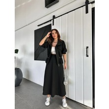 Qimya Butik Qimene Kadın Beli Bağcıklı Iri Cepli Ceketli Uzun Etekli Ikili Takım