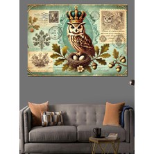 Taçlı Baykuş Çizimi Dekoratif Kanvas - Mdf Ahşap Tablo