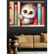 Kitaplıklı Sevimli Baykuş Dekoratif Kanvas - Mdf Ahşap Tablo