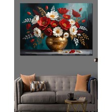 Vazoda Kırmızı Çiçekler Dekoratif Kanvas - Mdf Ahşap Tablo