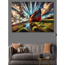 Kıyıdaki Kırmızı Gemi Dekoratif Kanvas - Mdf Ahşap Tablo