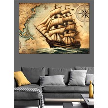 Harita Üstünde Yelkenli Dekoratif Kanvas - Mdf Ahşap Tablo