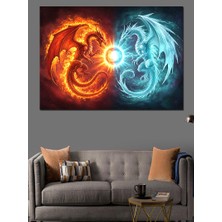 Ateş ve Su Ejderha Çizimi Dekoratif Kanvas - Mdf Ahşap Tablo