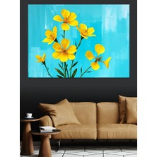 Turkuaz Fon Sarı Çiçek Dekoratif Kanvas - Mdf Ahşap Tablo