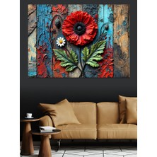 Ahşap Kırmızı Çiçek Dekoratif Kanvas - Mdf Ahşap Tablo