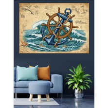 Ahşap Gemi Dümeni ve Çapa Dekoratif Kanvas - Mdf Ahşap Tablo