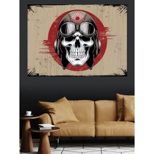 Kafatası ve Kırmızı Şerit Dekoratif Kanvas - Mdf Ahşap Tablo