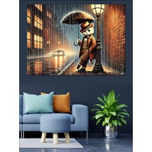 Gece Sokakta Şapkalı Kedi Dekoratif Kanvas - Mdf Ahşap Tablo