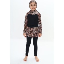 Üç Parça Dalgıç Kumaş  Leopar Desenli Uzun Kollu Tayt-Etekli-Uv Korumalı-Boneli Kız Çocuk Haşema-Mayo