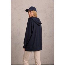 Lacivert Oversize Kapüşonlu Hırka