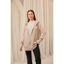 Bej Oversize Kapüşonlu Hırka