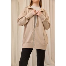 Bej Oversize Kapüşonlu Hırka